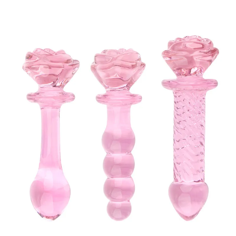 Rosa rosa de rosa vidro vidro vidrador de pênis realista contas g spot anal plug de brinquedos sexy casal feminino adulto