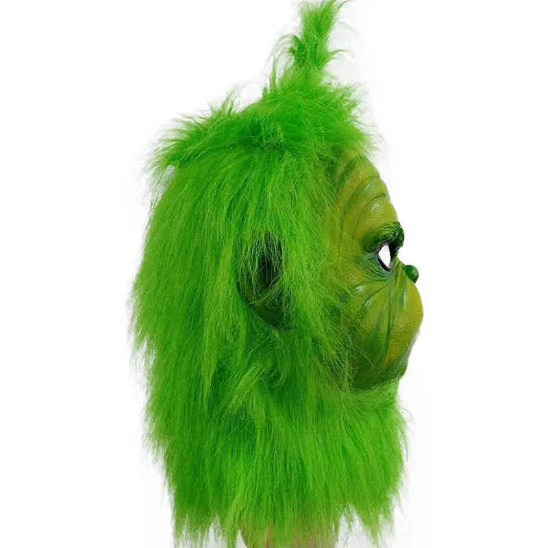 Söt hur julgrönt hårhåriga Grinch Cosplay Mask Latex Halloween Xmas Full Head Costume Props L220530286G7613100