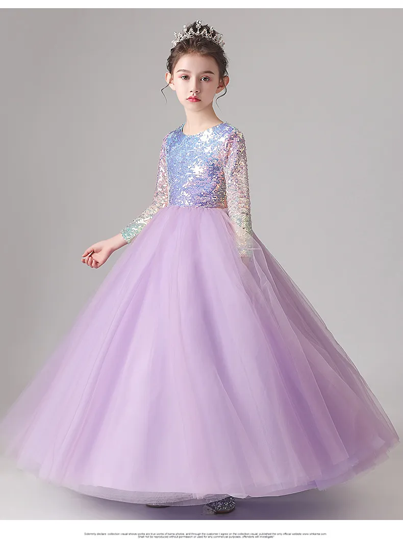 Robe de fleur de robe à billes paillettes pourpre pour mariage Voir Thro Thro Perlé Little Girls Petites filles Robe En Toddler First Sainte Communion Robes