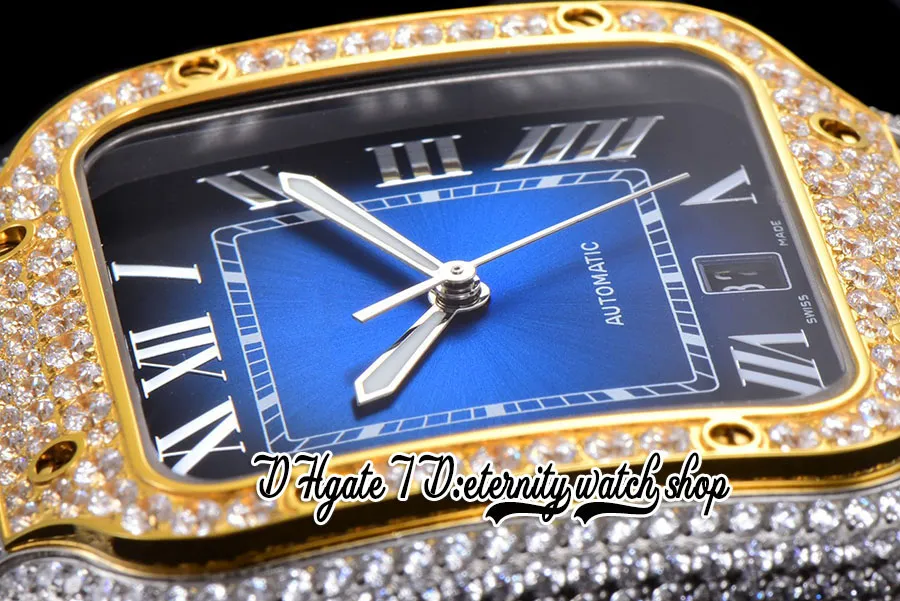 TWF TW0030 Paved Diamonds ETA A2824 Автоматические мужские часы синий циферблат римские маркеры золотые рамки Quick Switch Iced Out Diamond Bracelet328G