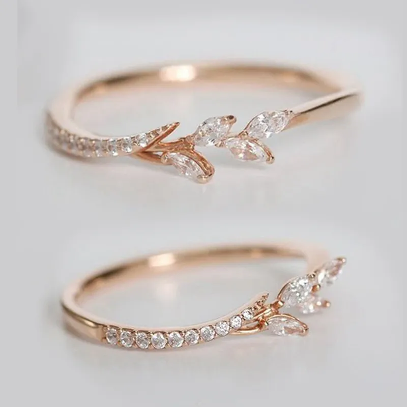Folha de cristal anéis de noivado mulheres anel de banda de casamento da eternidade para fêmea rosa jóias de ouro presentes