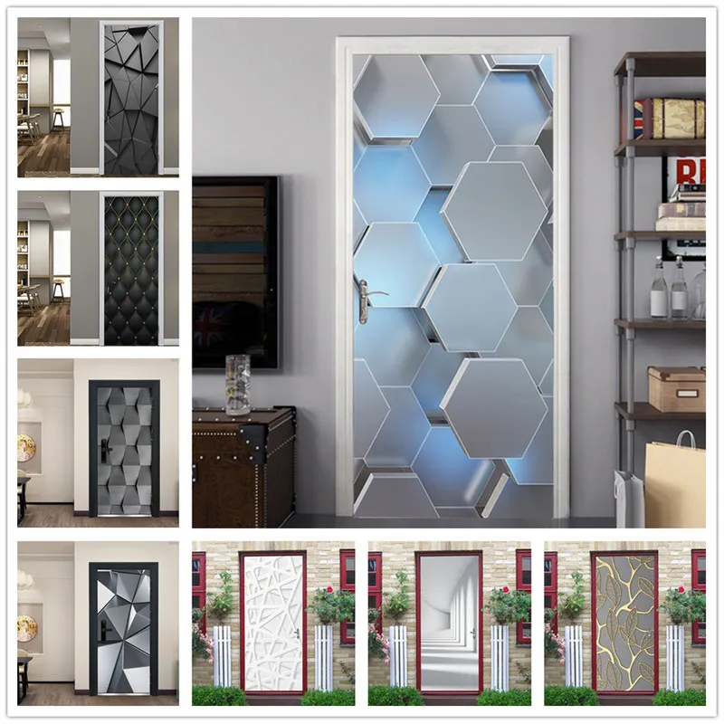 Visual 3D View Vexagon Door Sticker Vinyl Peel and Stick Wallpaper 방수 제거 가능한 포스터 홈 장식 Adesivo Porta 220716