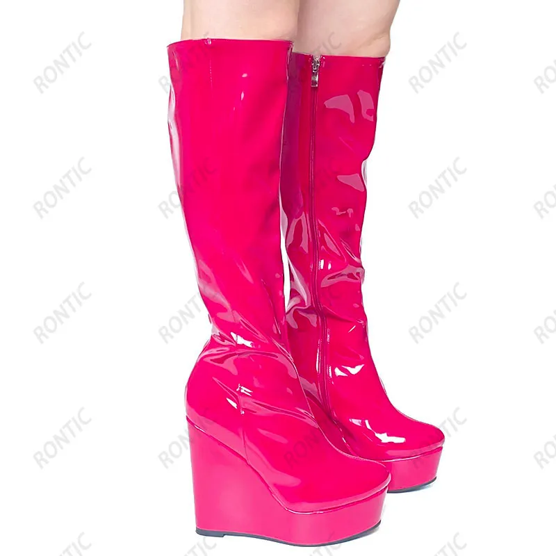 Rontic Anpassa kvinnor Winter Knee Boots Patent Full Zipper Wedges Heels Round Toe Pink Red Fuchsia Cosplay Shoes Storlek 35-52