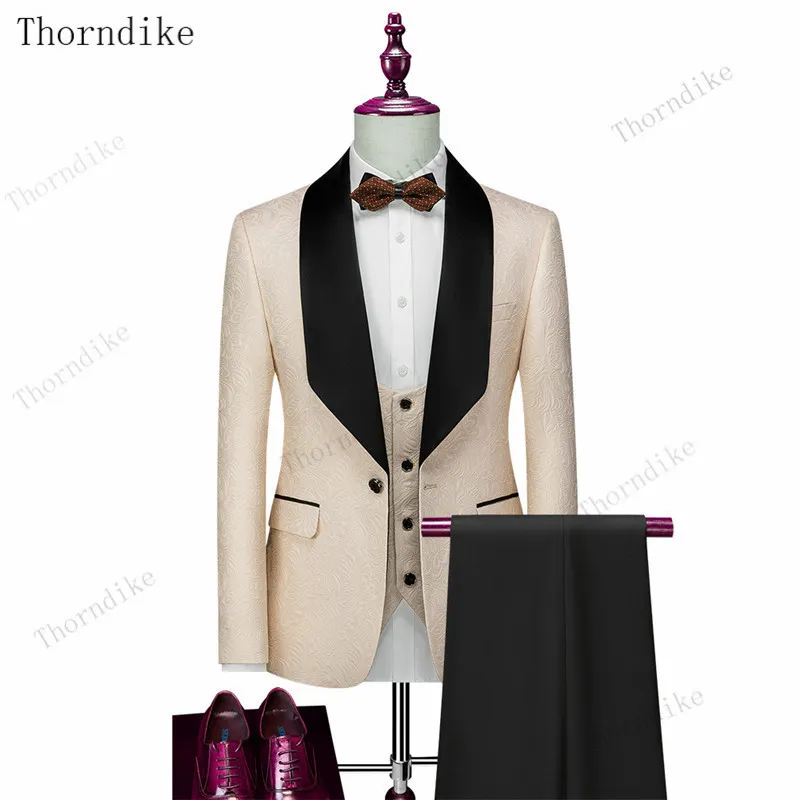 Thorndike Mens Wedding Suits White Jacquard With Black Satin Collar TuxedoGroom Terno Suits for Menjacketvestpants 220812
