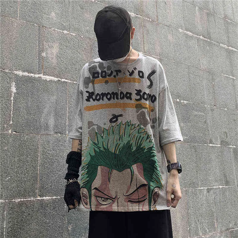 HOUZHOU Yaz Kısa Kollu T-Shirt Grafik Tee Beyaz Harajuku Anime One Peace Luffy erkek Giyim Japon Streetwear Hip Hop G220512