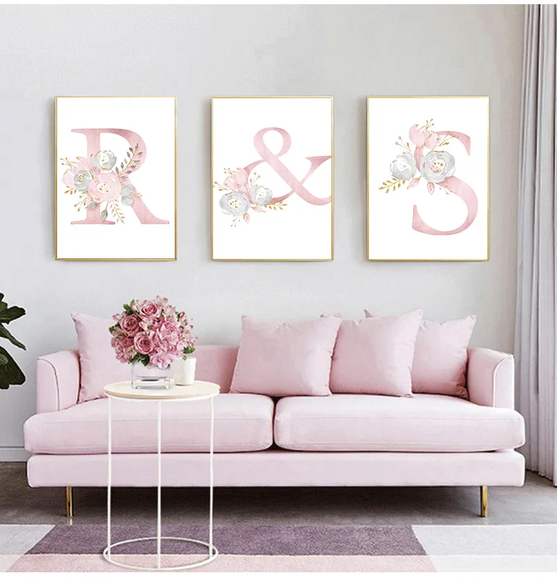 Bloemen Wall Art Pictures For Girls Room Decoratie Personaliseerde poster Babynaam Aangepaste canvas schilderij Kinderdagverblijf Afdrukken roze 220716