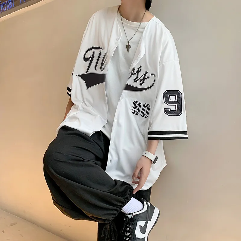 Men Short Sleeve Shirts Vintage Fashion Streetwear Hiphop Vneck Summer Ins Baseball Outwear Chic Korean Style Harajuku Leisure 220527