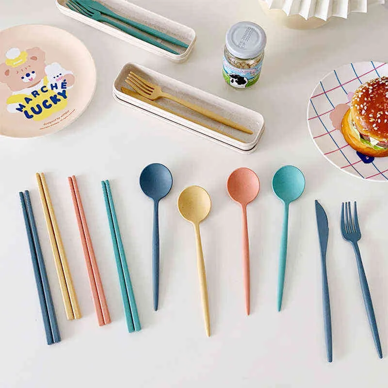 Portable Reusable Spoon Fork Travel Picnic Chopsticks Wheat Straw Tableware Cutlery Set With Carrying Box For dent Office Y220530