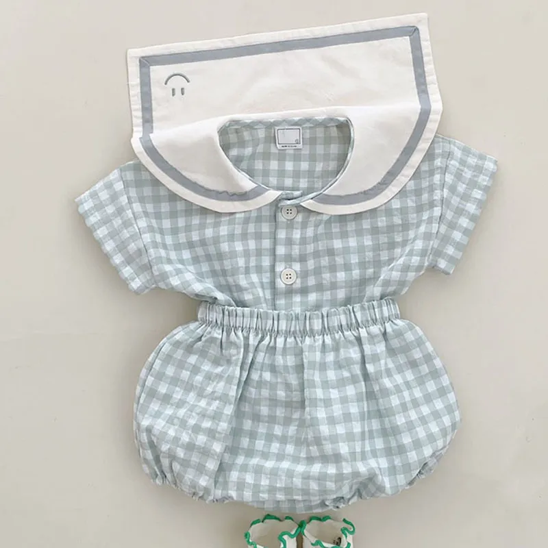 Baby Suit Girls Charm Plaid College Style Short Sleeved Top + Shorts Summer Lapel Set 220507