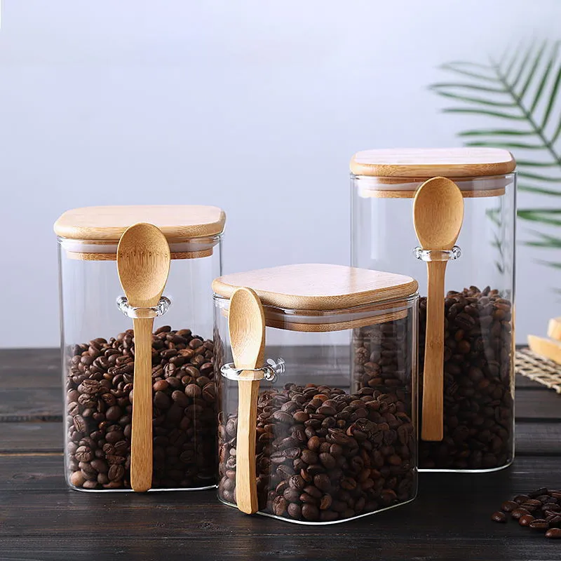일본 스타일의 사각 유리 밀봉 된 보관 용기 나무 숟가락 조미료 상자 커피 콩 캔 가구 분말 차 캔 220719