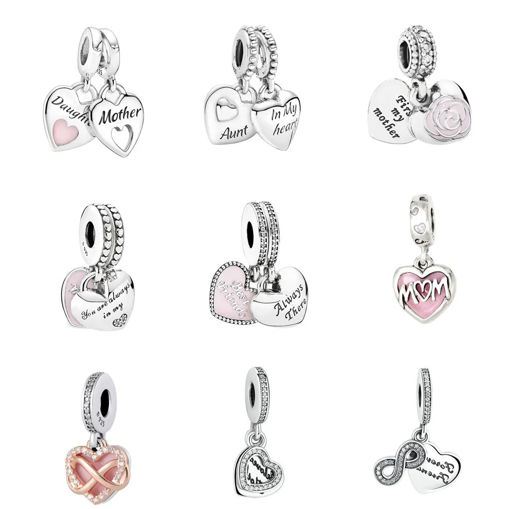 925 Sterling Silver Beads Charms Mother Daughter Double Heart Split Dangle Pendants Fit Original Bracelet DIY Women Jewelry2380