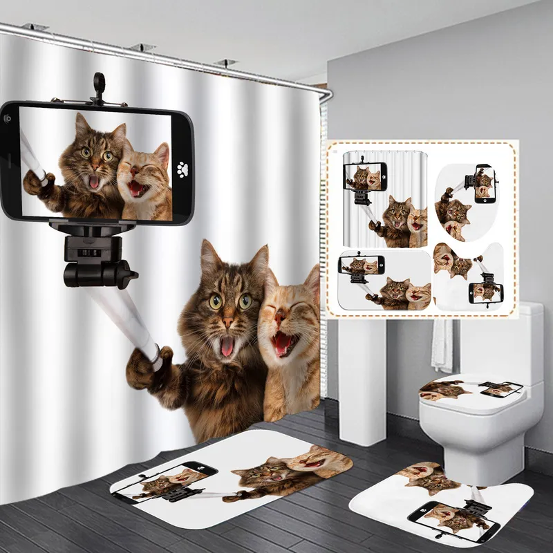 Funny Cartoon Cat Digital Print Doccia tenda da doccia Set da bagno impermeabile con ganci la decorazione domestica Cortinas de bao 220429