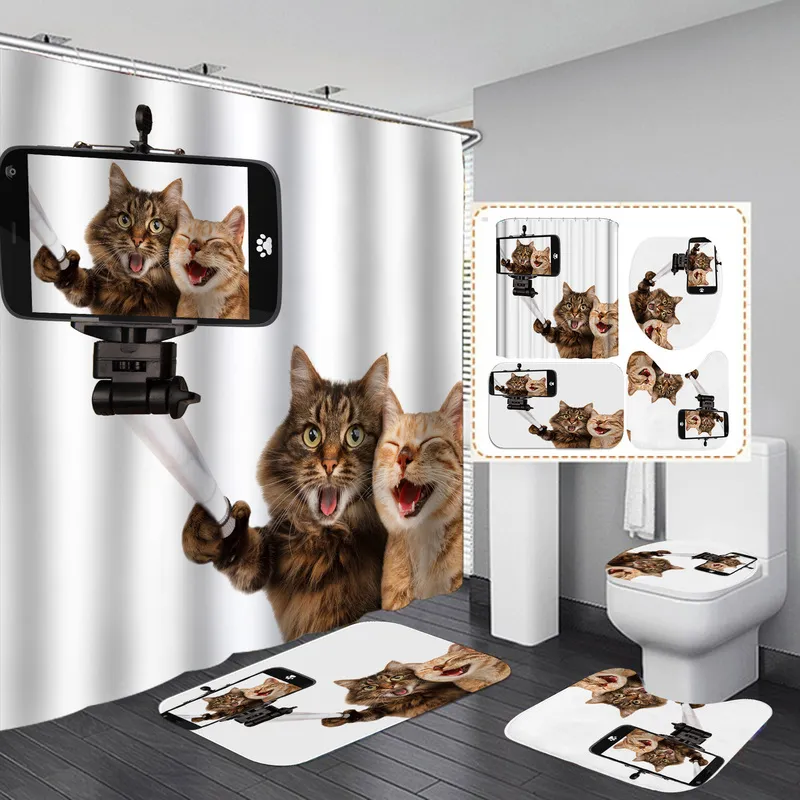 Funny Cartoon Cat Digital Print Shower Curtain Waterproof Bathroom Set with Hooks for Home Decoration Cortinas De Bao 220429