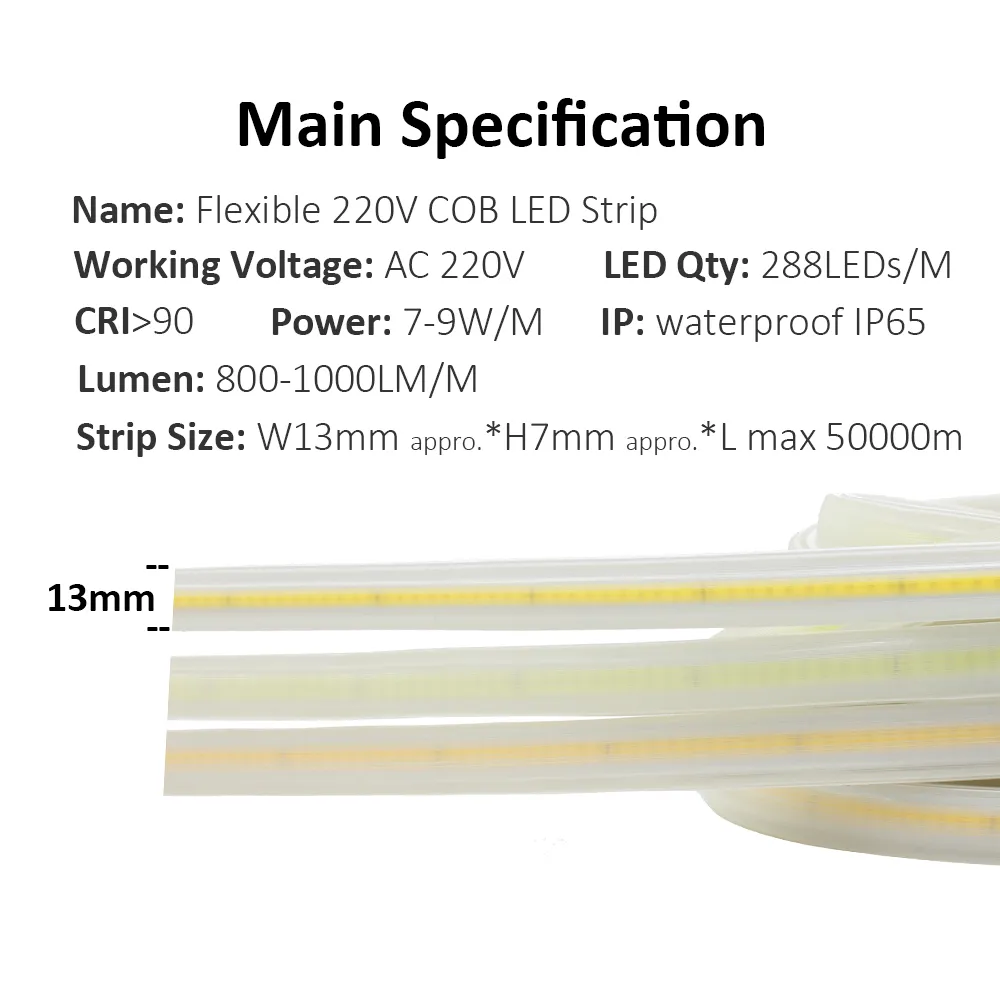 AC 220V COB LED 스트립 라이트 방수 LED 리본 288LEDS/M 고밀도 유연성 및 밝기 3000K 4000K 6000K 테이프