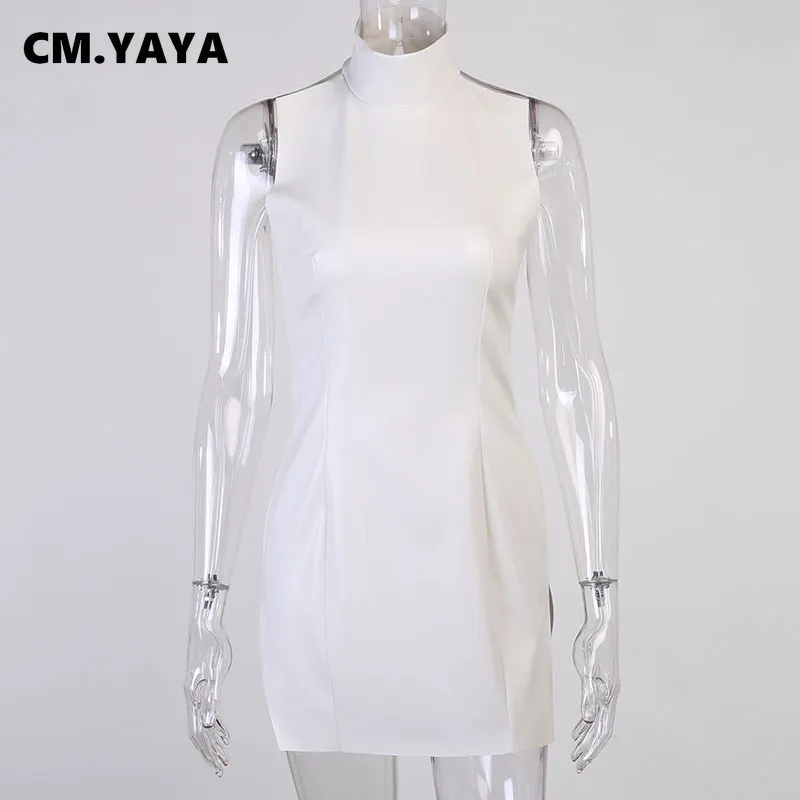 CM.YAYA été femmes sans manches moulante Mini robe en cuir PU dos nu fermeture éclair Sexy Club fête crayon Mini robes Vestidos 220516