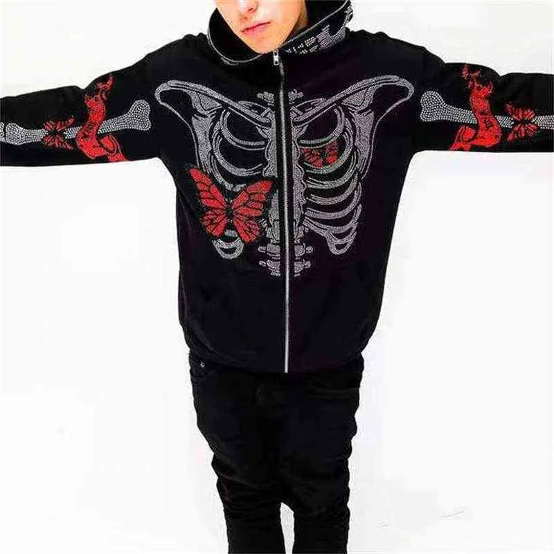 Zip Hoodie Masculino Y2K roupas Hoodie Moda Moletom Goth strass Borboleta Esqueleto Imprimir Camisola de manga comprida Camisola Oversized Top