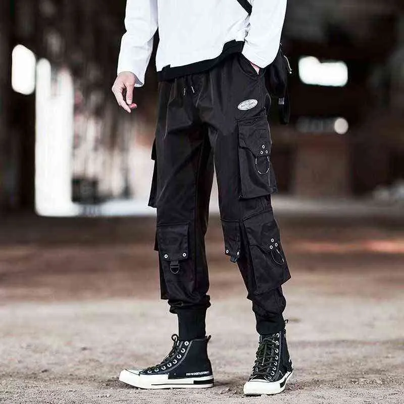 Calças de carga de hip hop masculina e outono fita joggers streetwearspantes harajuku preto casual homem calças de tornozelo g220507