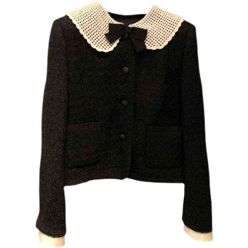 Schwarze Jacke mit Haken, Blumenmuster, Puppenkragen, Tweed-Strickjacke, Damenanzug, kleiner Mantel, neuer Stil im Herbst und Winter
