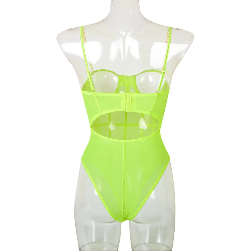 Neon Green Mesh Transparent Bodysuit Sexig kvinnors rygglösa randiga ärmlösa overaller Party Fashion Spaghelti Rem Rompers 220714