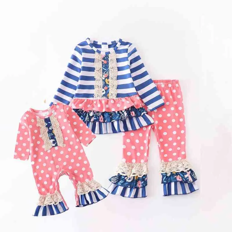Girlymax outono/inverno bebê meninas listrado pontos macacão calças da criança babados de algodão conjunto boutique roupas da irmã crianças