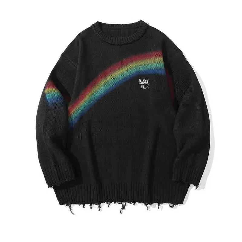 2021 Kpop Rainbow Letter Print Hole Ripped Oversized Men Jacquard Knitted Sweater Casual Women Pullovers Korean Fashion Clothing G22801