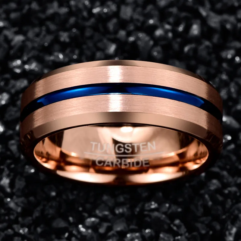 Nuncad 8mm Larghezza Tungsten Anello in carburo Full Rose Gold + Blue Angle Wedding Band Anello da uomo Anello da uomo 220506