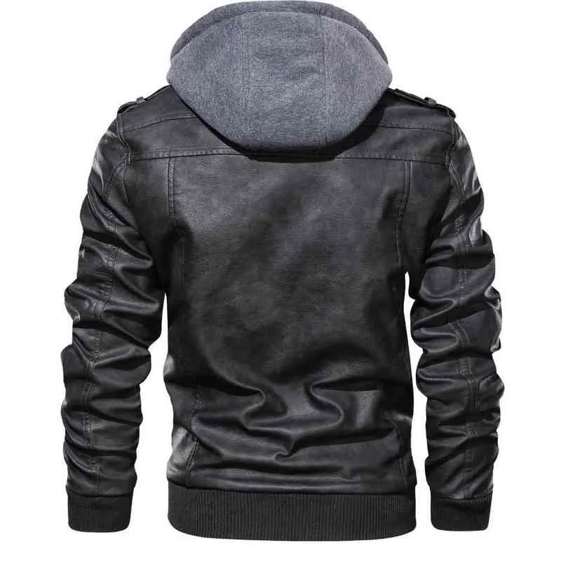 Herren Lederjacke Herbst Winter Slim Langarm Jacke Jungen Kapuzen Oversize Pu Leder Schwarz Motorrad Biker Jacke Männlich Xxl L220725