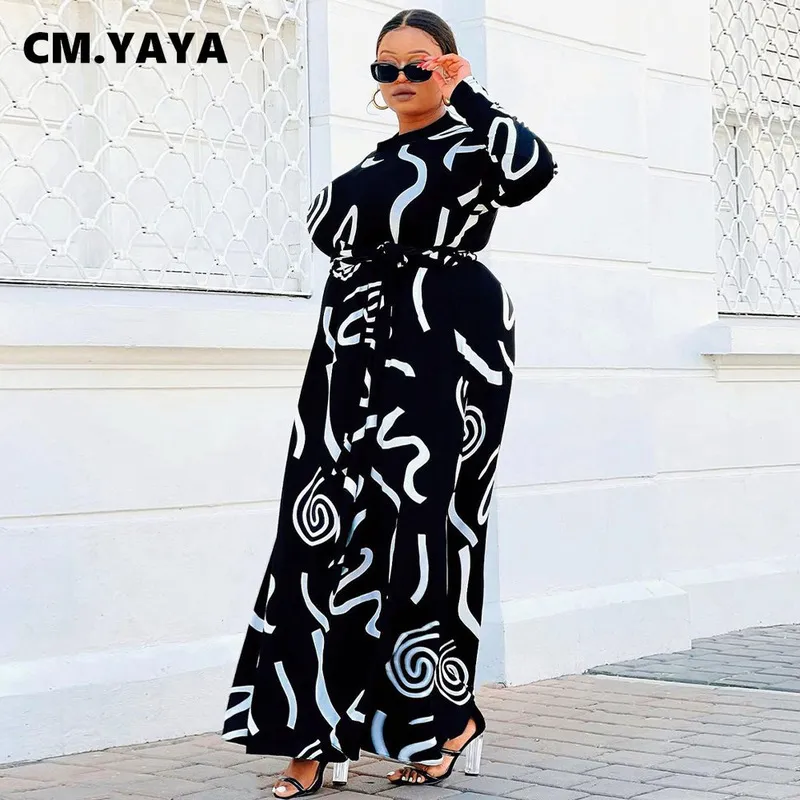 CM.YAYA Herbst Winter Frauen Geometrische Druck Oansatz mit Schärpen Langarm Maxi Kleid Elegante Plus Größe INS Lange Kleider 220516