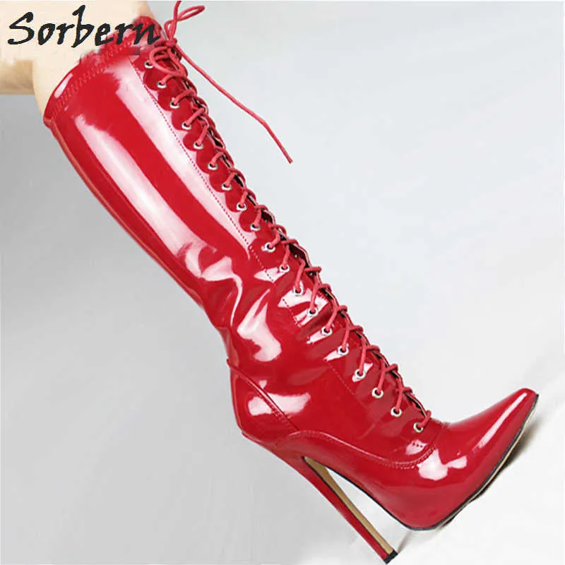 Sorbern Knee High Women Boots 플러스 사이즈 레이스 높은 18cm 발 뒤꿈치가 뾰족한 발가락 진짜 이미지 특허 가죽 신발 여성 부츠 36-46