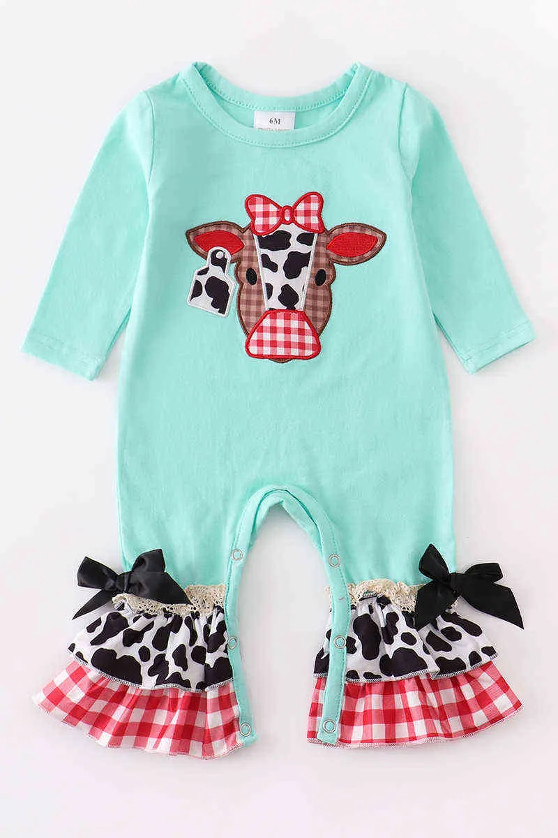 girlymax baby girls boys mint 자수 소 인쇄 격자 무늬 티셔츠 romper romper romper pants set cotton family look kids closting