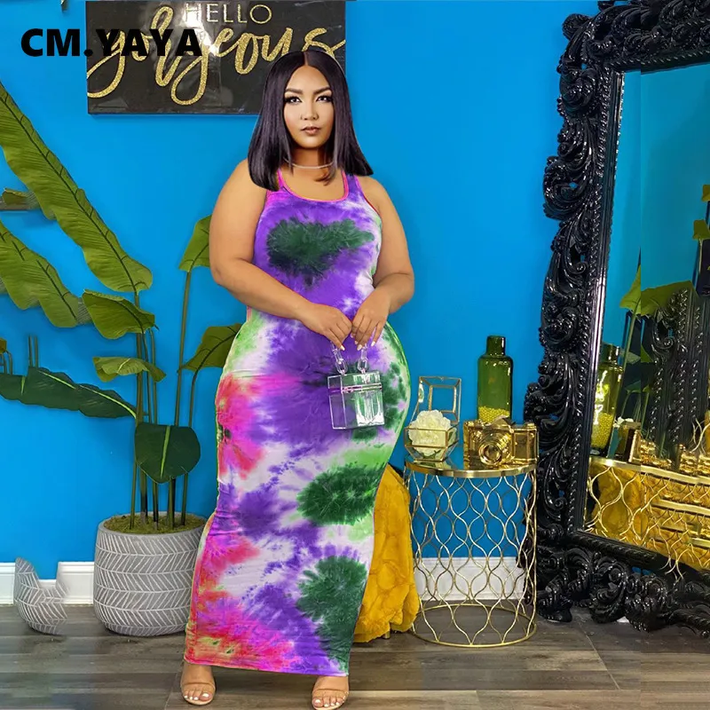 CM.yaya Mulheres plus size vestido TIY TYE Sleeseless O-pescoço elástico Bodycon Long Maxi vestidos moda casual vestidos roupas de verão 220516