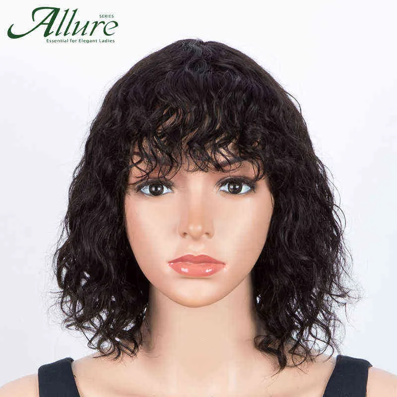 Peruki włosów kręcone bob z grzywką dla kobiet ludzki Remy Short Afro Out Glue Full Machine Allure 220722