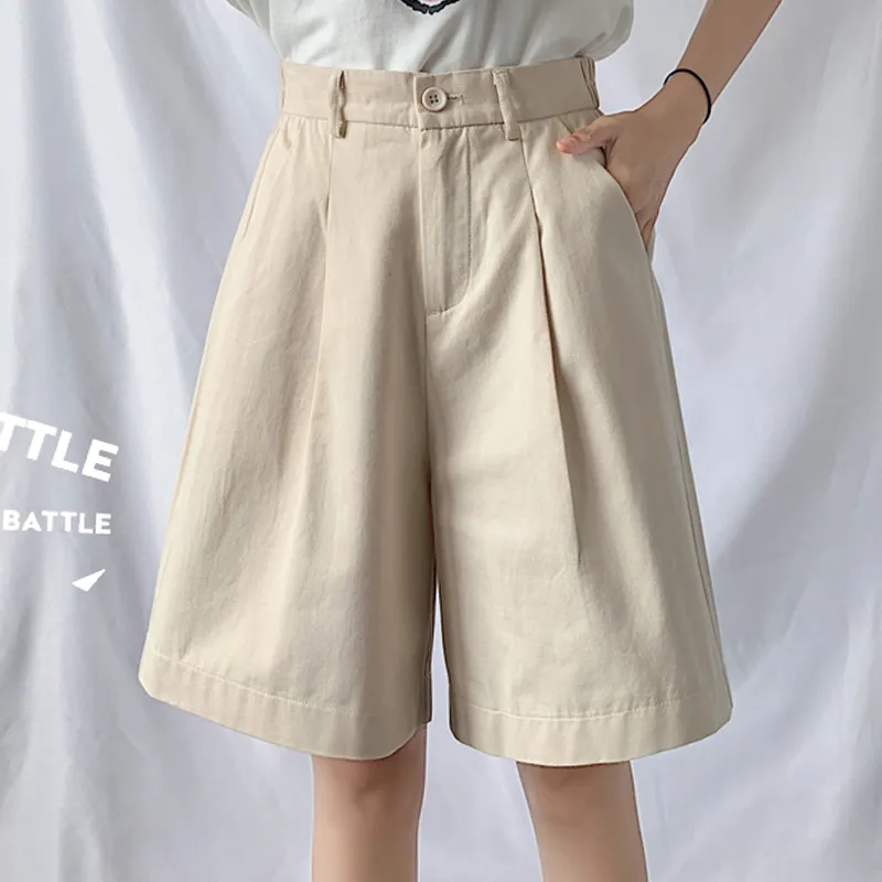 Flectit Women's Bermuda Shorts Cotton High Waist Wide Leg Front Pleats Plus Size Female Student Girl Casual Outfit 220527