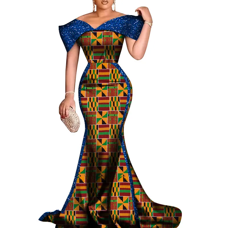 BintaRealWax nouvelles robes de soirée africaines personnalisées pour femmes Bazin Dashiki imprimé africain coton dames robe de soirée sirène WY8681