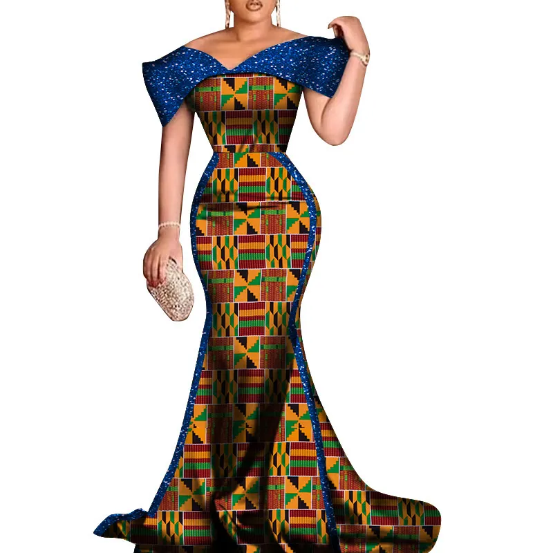 BintarealWaxの新しいカスタムアフリカのイブニングドレス女性バジンダッシュアフリカのプリントコットンレディースマーメイドパーティードレスWY8681