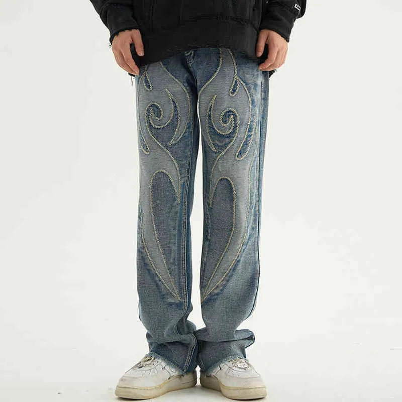 High Street tinta unita patchwork teschi ricamo pantaloni denim casual uomo e donna pantaloni jeans larghi in vita elastica T220803