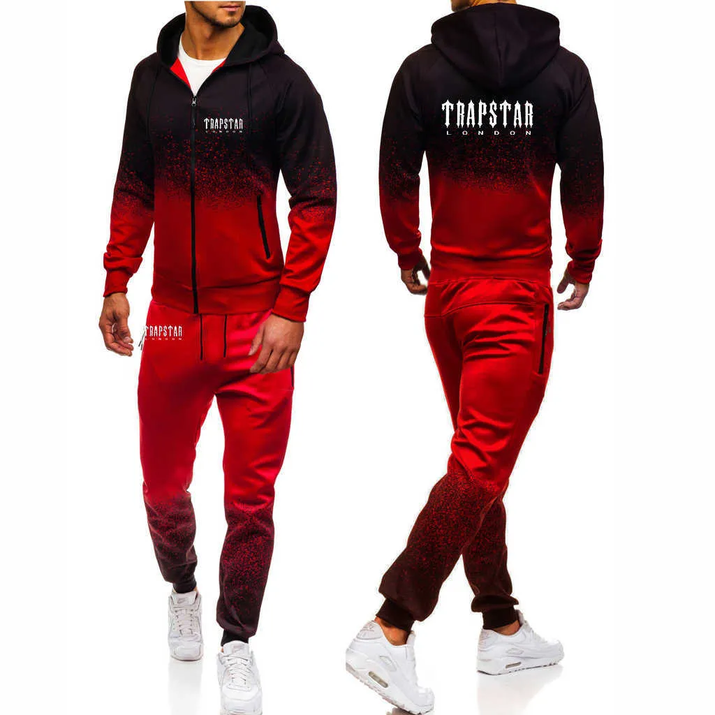 Trapstar London 2022 Men's New Gradient Color Fashion Long Sleeves Zip Hoodies Cardigan Tops + Sweatpant Casual Two Pieces Suits