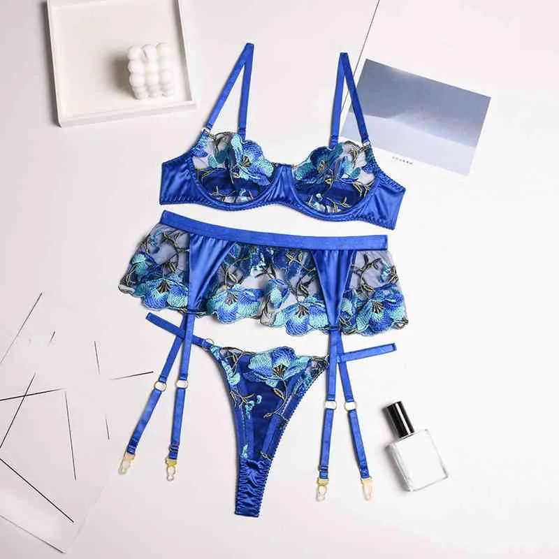 Lingerie de bordado de 3 peças lingerie configurada push up sutiã e calcinha de calcinha