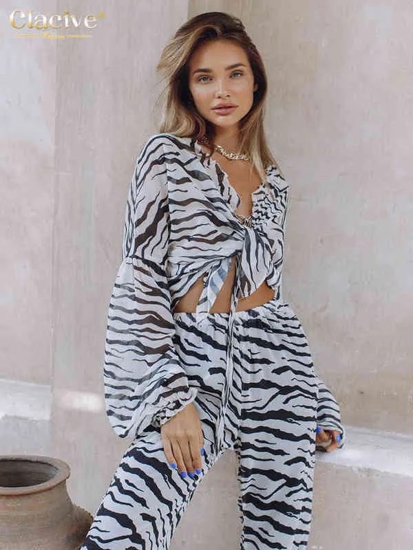 Claceive Sexig snörningskjorta Zebra Print Two Piece Set Women Elegant High midjebrett byxa Suits Female Casual Slim Pants Set T220729