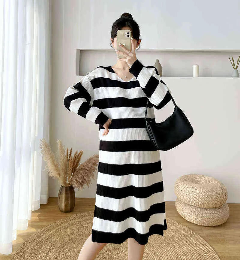 Autumn Pregnant Women V Neck Long Sleeves Side Split Loose Sweaters Wide Stripe Knitting Dress Plus Size Maternity Straight Dress J220628