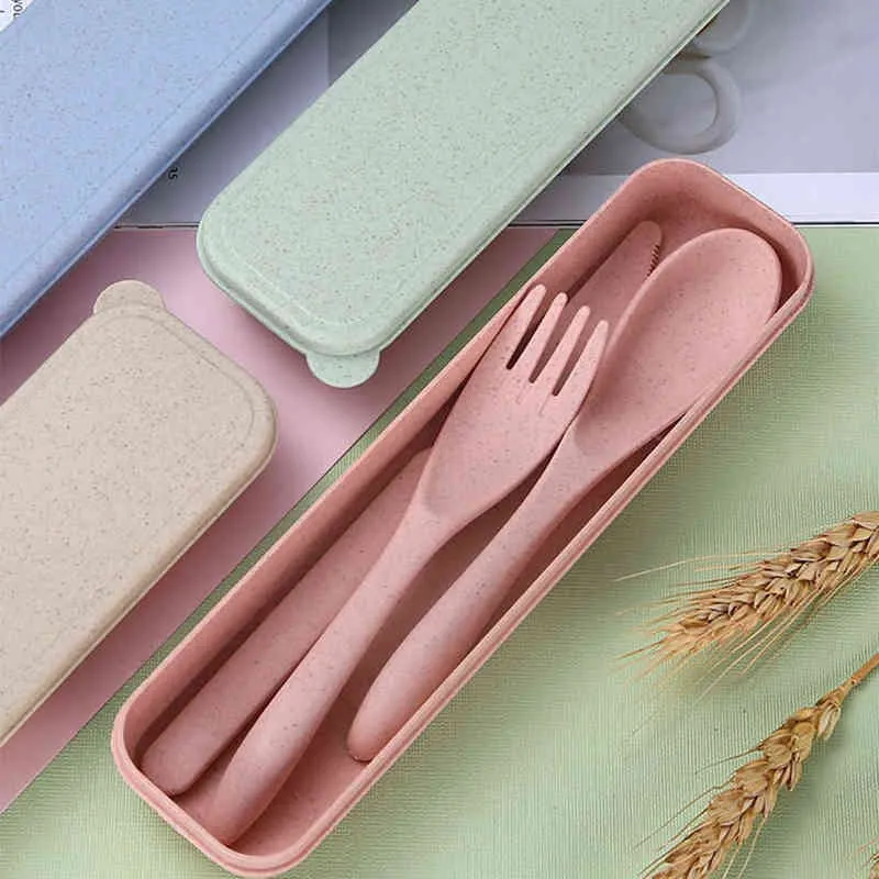 3 I 1 Kids Mannersuppsättningar Chopsticks Fork Spoon Straw Wheat Microwave Outdoor Camping Portable Lunch Bento Box For Children Y220530