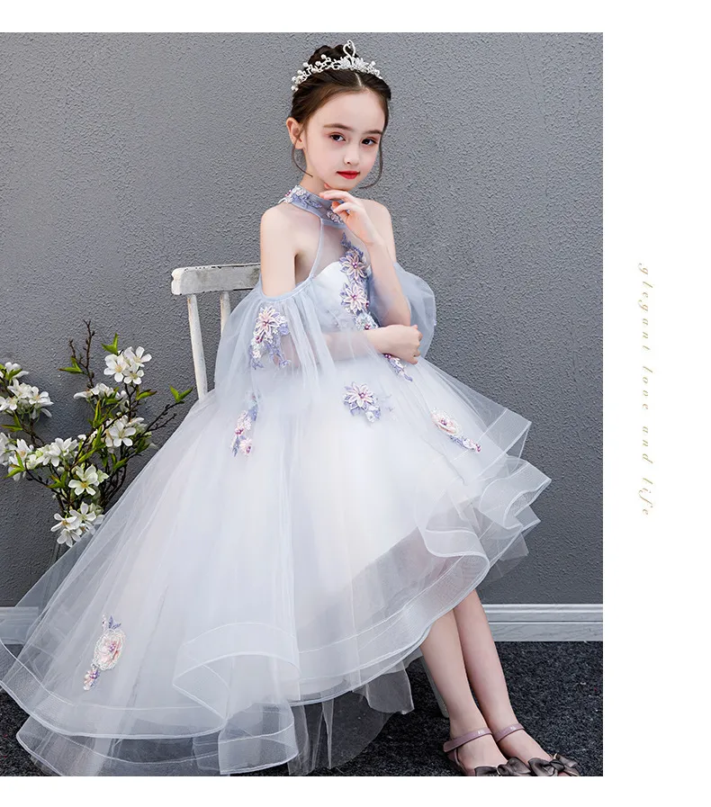 Fleur gonflé Girl Girls Robes 3D Fleurs Haute Col De Longue Dentelle Enfants Teens Pageant Robe Anniversaire Robe de fête de Noël pour une robe de cuisine de mariage