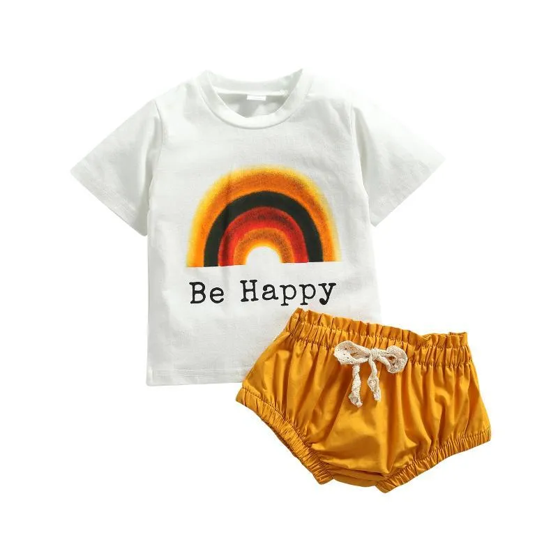 Kläderuppsättningar 2022 0-24m Söt babyflicka pojke vara lyckligt bokstav regnbåge tryck kort ärm t-shirt+shorts sommar avslappnade kläder 2 st.