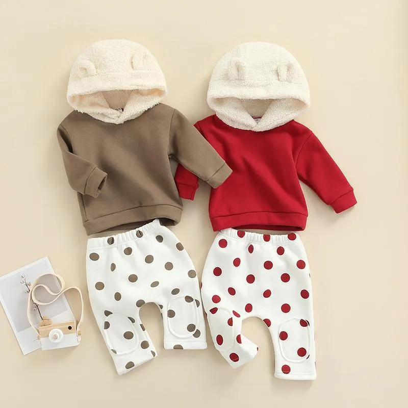 Clothing Sets Toddler Girls Boys Suit Thickened Long Sleeve Cartoon Ears Hooded Sweatshirts + Dot Trousers Fleece Outwear
