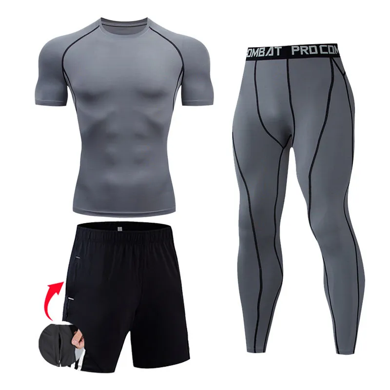 Solid Color Running Suit Men träningskläder Komprimering Leggings Gym T-shirt Training Shorts 3 Piec Track Men Sportswear 220330