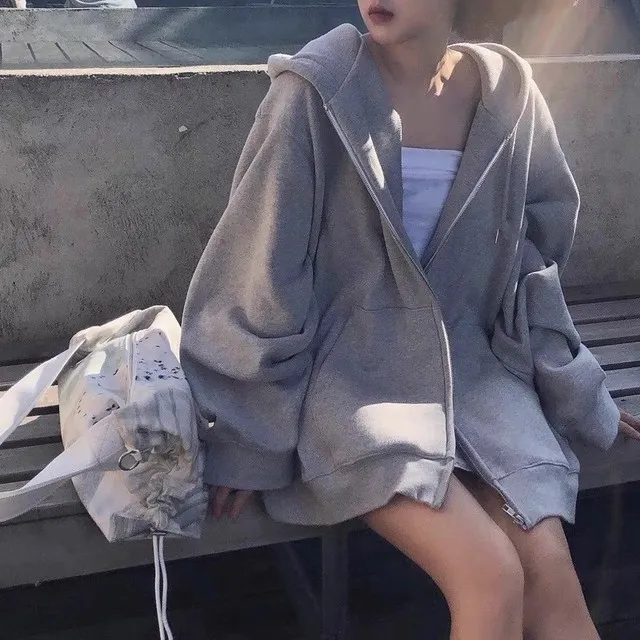 Kvinnors hoodies tröjor kvinnor harajuku koreansk version zip up löst överdimensionerad avslappnad fast färg långärmad huvtröja rockar 220830
