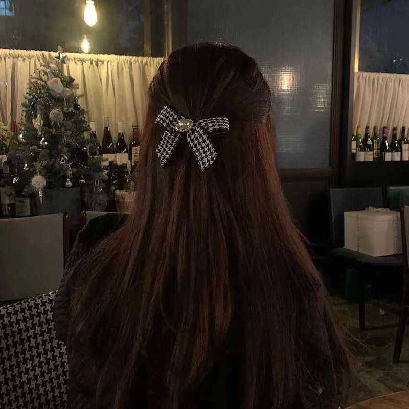 klassisk pläd elastisk båge med pärla hårband koreanska hårband kvinnor flickor hår rep koreanska tillbehör gummi scrunchies aa220323