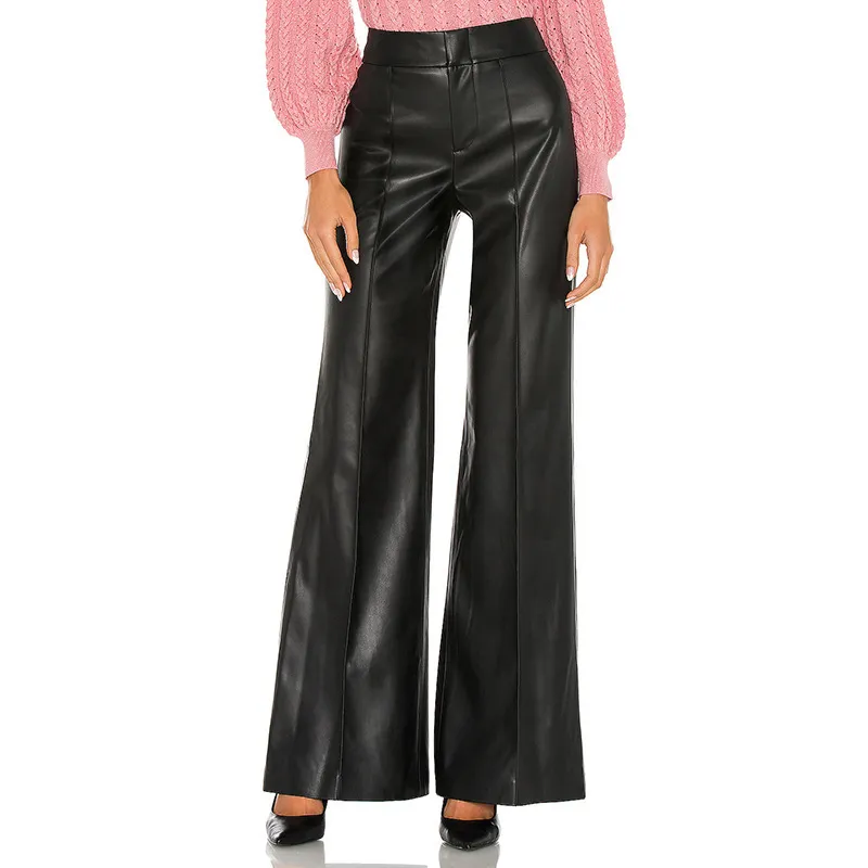 Faux Leather Black Wide Leg Pant Women Spring Loose High Waist Casual Streetwear Fashion PU Lady Mujer Pantalones Trousers 220325