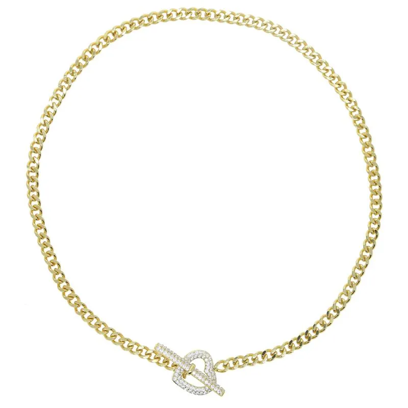 Drop ship 5mm Cuban Link Chain necklace Micro Paved Clear Cz Heart Clasp Gold Color Plated Fashion Women Choker Chain Necklaces