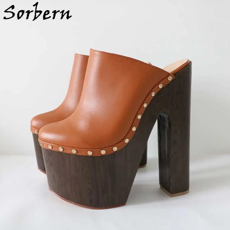 Sorbern Punk Brown Women Slippers Mules High Heels Gold Rivets Closed Toe Shoe Chunky Heeled Female Slides Custom Colors